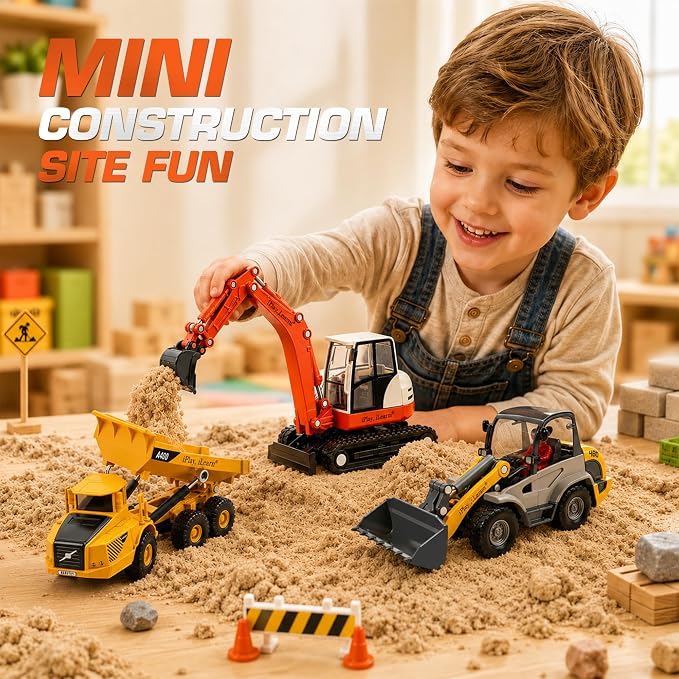 iPlay, iLearn Heavy Duty Construction Site Playset, Metal Dump Truck Digger | Kids Diecast Excavator Backhoe Tractor Bulldozer Vehicle, Outdoor Sandbox Beach Toy, Birthday Gift 3 4 5 Year Old Boy Toddler