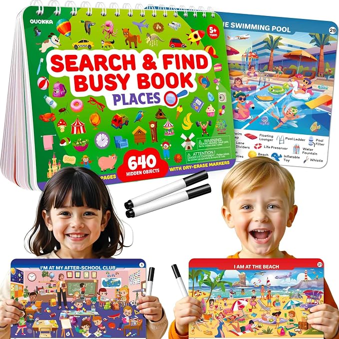 Busy Book for Toddlers 3-5 - Reusable Dry Erase Workbooks for Kids 4-6 | Places I Visit Search and Find Activity Book with Markers - Workbook for Travel and Quiet Time Learning
