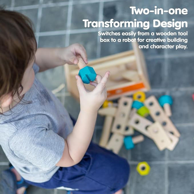 PlanToys Wooden Transforming Robot Tool Box with Wrench, Nuts & Bolts, Wooden Planks, and Shapes| Sustainably Made from Rubberwood and Non-Toxic Paints and Dyes | hammer, wrench, screwdriver, kids tool set, girls, boys, fine motor problem solving imagi...