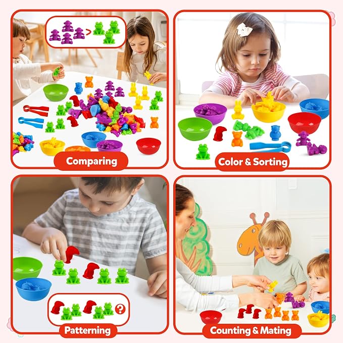 RAEQKS Counting Sorting Toys Matching Stacking Toys with Bowls Preschool Learning Activities for Math Montessori Fine Motor Skills Sensory Animals Toy Sets Gift for Kids Boy Girl Aged 3+ Year
