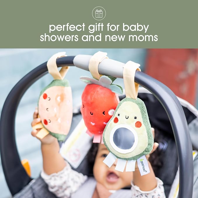 Pearhead Fruit Stroller Toys, Plush Hanging Baby Toy, Set of 3 | Strawberry Avocado Watermelon, Car Seat Attachments, Hanging Mirror, Newborn Gift, Easy-Grip Design, Tummy Time