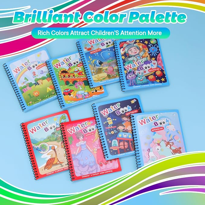 8 Pack Reusable Water Coloring Books for Toddlers, Paint with Water Books,Mess-Free Coloring Book, Portable Educational Doodle Drawing Toy, Improving Children's Imagination, Color Perception