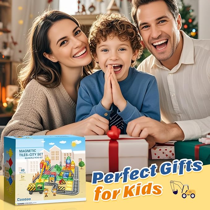 Kids Games Magnetic Tiles Road Set with Extendable Crane Magnetic Blocks | City Construction Building Toys for Toddlers STEM Preschool Ages 4-6 5-7, Gifts for 3+ Year Old Boys Girls Kids Toys with Car