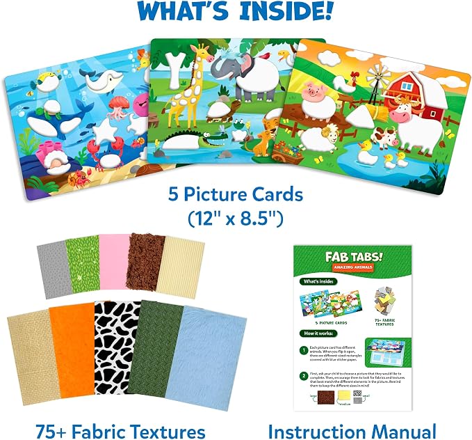 Skillmatics Fab Tabs – Animals, Sensory Fabric Art, Sewing Craft Kit | Peel & Stick Sticker Activity, Mess-Free Play, Travel Toy, Gifts for Boys & Girls Ages 4, 5, 6, 7, 8, 9