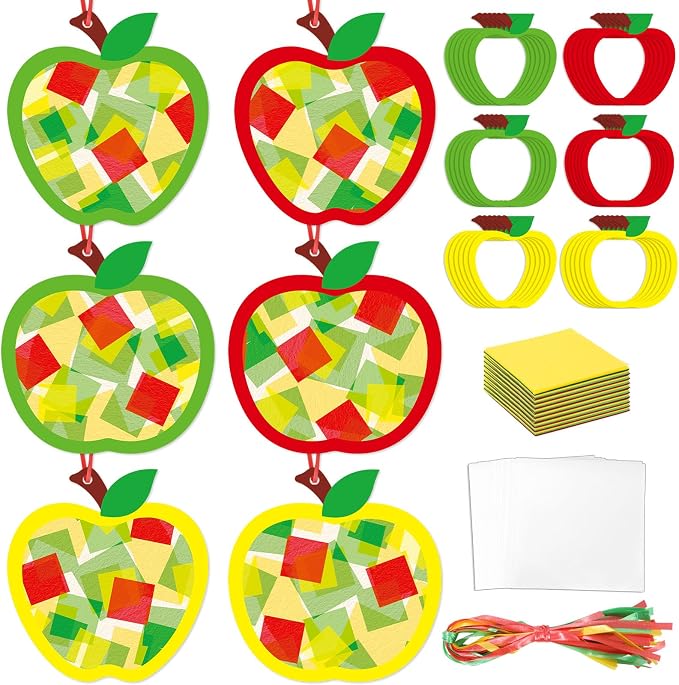 Qyeahkj 36 Set Fall Apple Suncatchers Crafts for Kids DIY Autumn Window Tissue Paper Craft Kit Hanging Decor for Back to School Home Activity Art Project Birthday Party Favor Gift