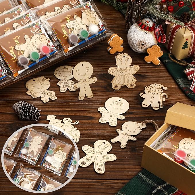 Saypacck 24 Pcs Gingerbread Man Party Favors Wooden Paint Craft Kits | Christmas Gingerbread Man Ornamnet For KidsParties, Brush and Paints Included, Goodie Bag Fillers Gifts