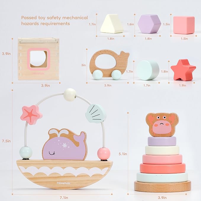 Pillowhale Montessori Wooden Toys Set for Toddlers 12M+ 4-in-1 Educational Toy with Stacking Rings, Shape Sorter, Bead Maze & Baby Car