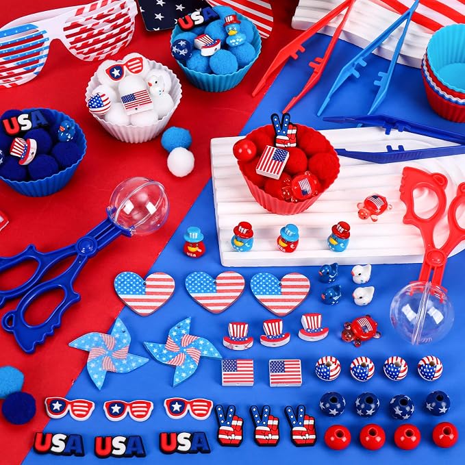 256PCS Independence Day Patriotic Sensory Bin Filler 4th of July Fine Motor Sensory Bin Items Includes Pom Poms Duck Resin for Counting Sorting Training