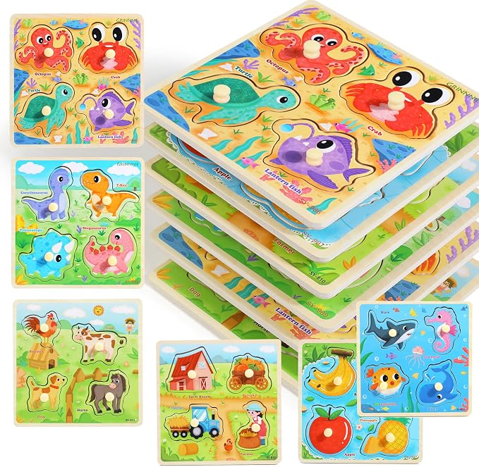 Melofaver Toddler Wooden Peg Puzzles, Montessori Learning Baby Puzzles | 6PCS Toddler Puzzles with Knob -Dinosaur, Farm, Farm Animal, Sea Animal, Fruit, Kids Puzzles Gifts for Boys Girls Christmas