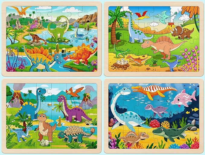 Wooden Puzzles Dinosaur Toys for Kids Ages 4-6, 4 Packs 24 Piece | Wooden Jigsaw Puzzles, Preschool Educational Learning Toys Gifts for 3 4 5 6 Year Old Boys and Girls