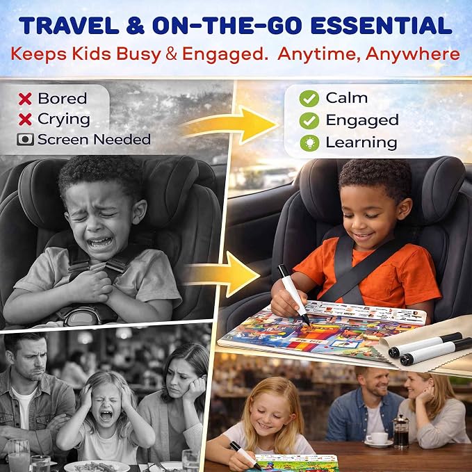 Busy Book for Toddlers 3-5 - Reusable Dry Erase Workbooks for Kids 4-6 | Places I Visit Search and Find Activity Book with Markers - Workbook for Travel and Quiet Time Learning
