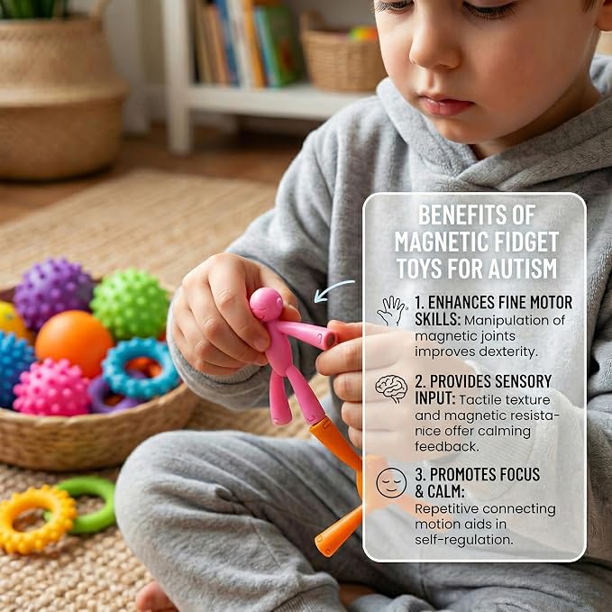 MAGMEN Magnetic People Figures 40 Pc, Magnet Men Kids Airplane Travel Toys | 3 in. poseable fidget figures, mixed colors, magnets securely embedded. Quiet car, desk and road trip play. With metal tin.