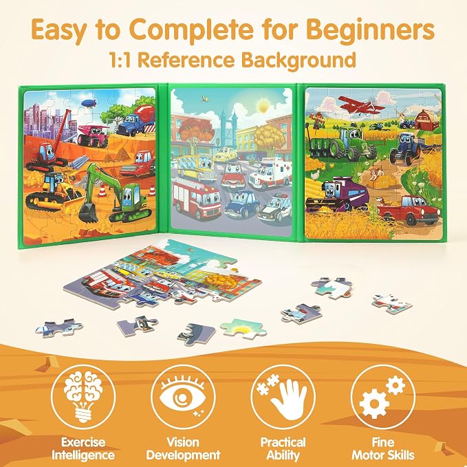 SYNARRY Vehicle Theme Magnetic Puzzle for Kids Ages 3-5, Travel Toys | 36-Piece Magnetic Travel Puzzle for Kids Ages 4-8, Car Airplane Road Trip Activities, Vehicle Birthday Gifts