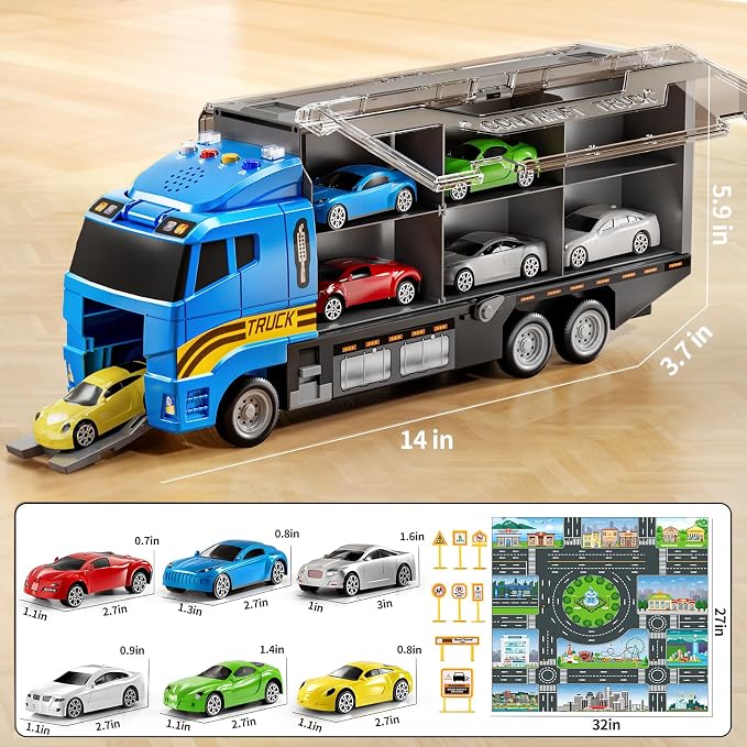 NIPLOOOW Toddler Boys Toys for 3 4 5 6 Years Old, Truck Vehicle Set with Play Mat and Die-Cast Toy Car, Transport Carrier Truck for Kids, Birthday Gifts Toys for 3 4 5 6 7 8+ Year Old Boys