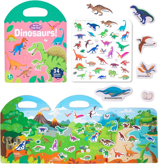 Jelly Reusable Sticker Books, Portable Travel Toys Sticker Activity Book for Kids 3+ Year Old Girls Boys (Dinosaurs)