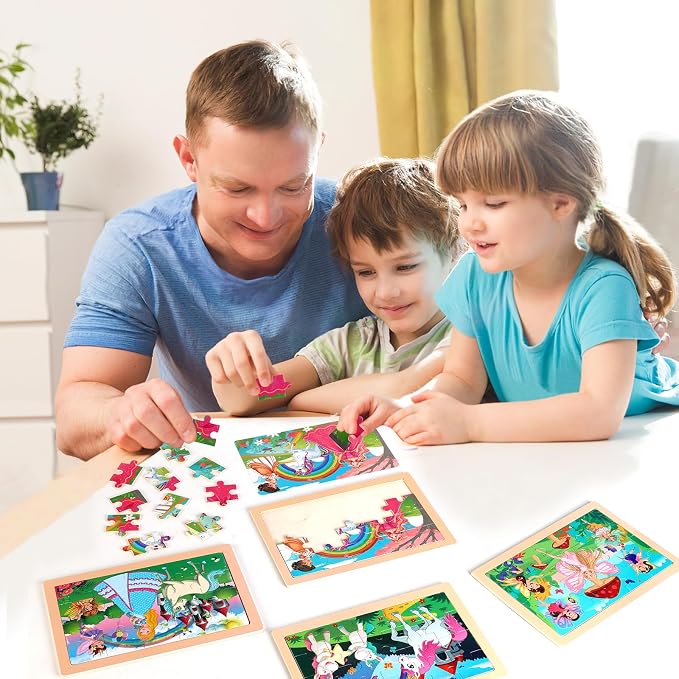 Wooden Jigsaw Puzzles for Preschool Kids Ages 3-5, 4-Pack with 20 Pieces Unicorn Princess Wood Puzzles Set, Preschool Gifts for Boys Girls Ages 3 4 5 6