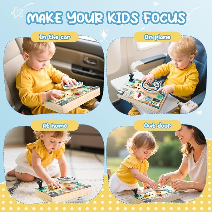 Busy Board for 1 2 3 Year Old, Montessori Toys Wooden Toddler Sensory Toy | Busy Board with LED Lights Sound Switch, Activity Travel Toy, Steering Wheel,Toddler Toy Christmas Birthday Gift for Boy Girl