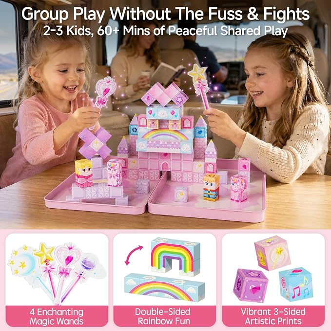Unicorn Magnetic Cubes for Travel: 100 PCS Castle Princess Playset | Magnet Building Blocks Toys with Tin Storage Case - 60 Min Quiet Car & Airplane Activity Game for Girls Toddlers Ages 3-8