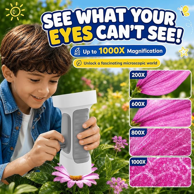 1000X Handheld Digital Microscope for Kids: Explorer 1080P Magnifying Glass | 2.4” IPS Portable Electronic STEM Outdoor Montessori Learning Toy, Birthday Gifts for 4 5 6 7 8-12 Year Old Boys Girls