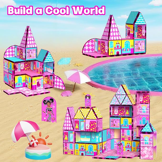 Magnetic Tiles 52PCS Magnetic Building Blocks for Kids Ages 3-5 4-8, STEM Montessori Preschool Classroom Must Haves, Toddler Sensory Educational Toys for Boys Girls, Christmas Birthday Gift(Pink)