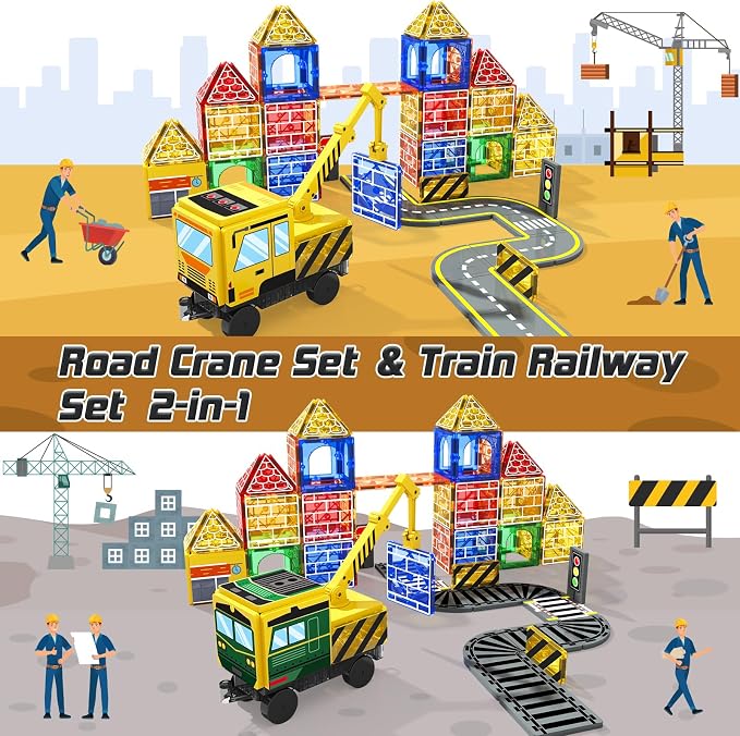 Magnetic Tiles with 2 Cranes, Magnetic Construction Toys STEM Building Toys | 2-in-1 Transportation Magnetic Building Blocks Boys Toys Gifts for Ages 3-12 STEM Learning Toy Develops Creativity