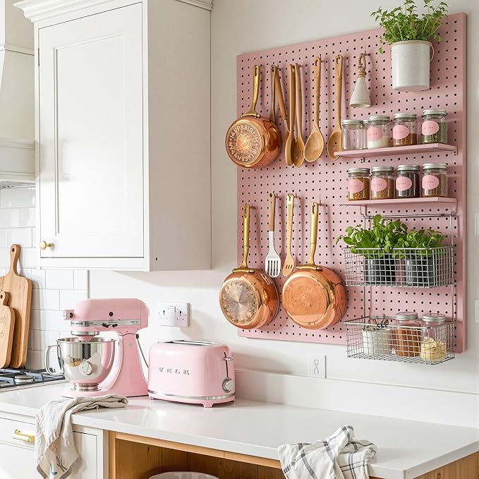 Peg Board, 4 Pack Metal Pegboard Panels Pink Pegboards Wall Organizer with Frame Large Heavy Duty Peg Board with Hooks for Walls Home, Garage Tool Storage, Office, Craft Room, Kitchen 24”×16”