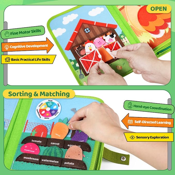 Farm Busy Book for Toddlers 1-3, Montessori Toys Gift for Boys Girls | Educational Learning Toys for 1+ Year Old, Busy Board Quiet Activity Book Toddler Travel Toy