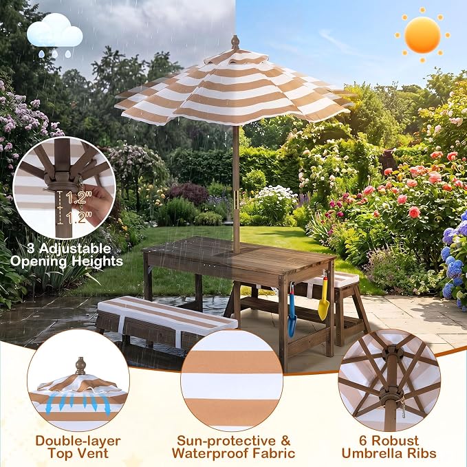 Costzon 4-in-1 Kids Picnic Table with Umbrella, Sand & Water Sensory Bins | Wooden Toddler Outdoor Table with Benches, Cushions, Cover, Gardening Tools, Kids Outdoor Furniture for Patio Backyard