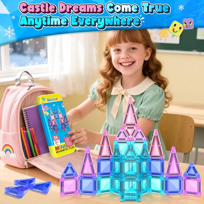Mini Magnetic Tiles Kids Toys Travel Essential Games STEM Educational Toys | Magnetic Building Blocks for Age 3-5 5-7 4-8, Boys Girls Christmas Birthday Gifts, Portable Creativity Boosting Sensory Toys
