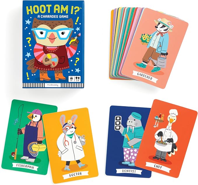 Mudpuppy - Hoot am I? Charades Card Games for Kids | Ages 4+, Easy Characters, Ideal for 3-4 Players, Cute Animal Themed, Family Fun, Screen-Free Play, FSC Certified