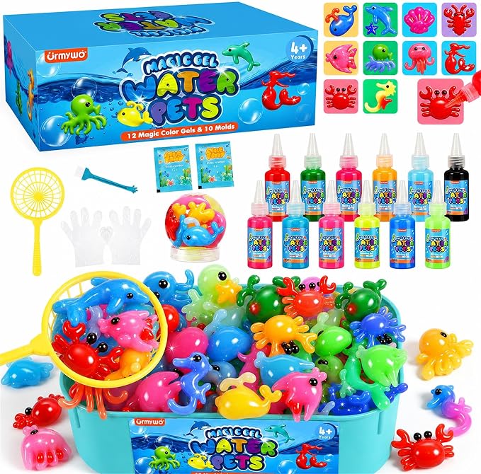 URMYWO Magic Water Elf Toy, Aqua Fairy Water Gel Kit, Squishies Water Pets | 12 Gels & 10 Molds, DIY Squishy Maker Set, Create Your Own Squishies Sensory Toys Crafts, Summer Gifts for Boys Girls