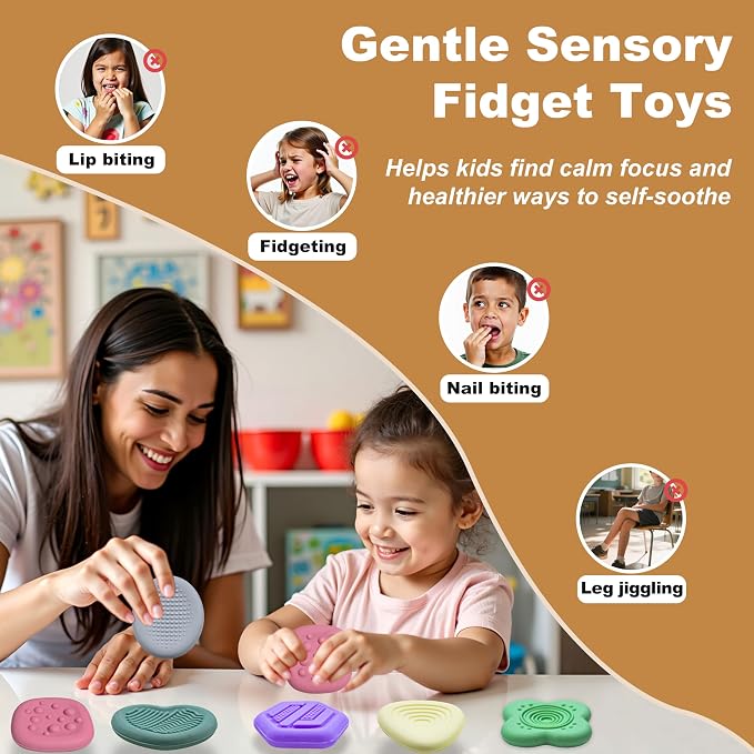 6Pcs Silicone Sensory Worry Stones, Quiet Fidget Toys for Kids | for Autism & ADHD,Sensory Play,Silent Calming,Focus Support,Easy to Clean,Versatile Gif