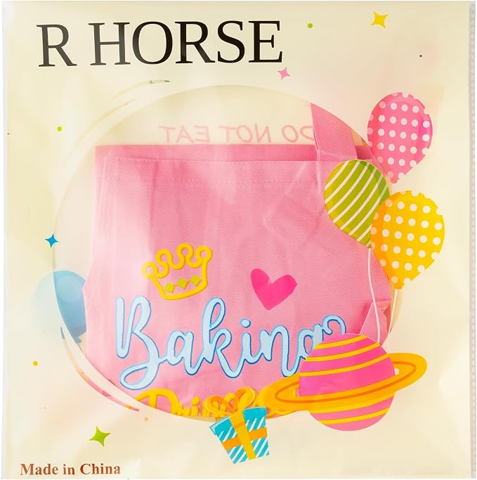 R HORSE 2 Pieces Kid Apron and Chef Hat Set, Dress up Role Play Chef Toy | Pink Baking Princess Adjustable Children Kitchen Apron for Girl, Ideal for Cooking, Baking, Painting, Cooking Birthday Gift