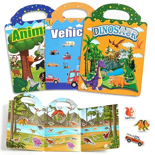 3PC Reusable Sticker Book for Toddler 3-5 Year Old, Travel Activity for Kid | Jelly Reuseable Stickers Roadtrip Airplane Car Ride Toys Preschool Classroom Activities for 3 4 5 6 Years Old Girls Boys Gift