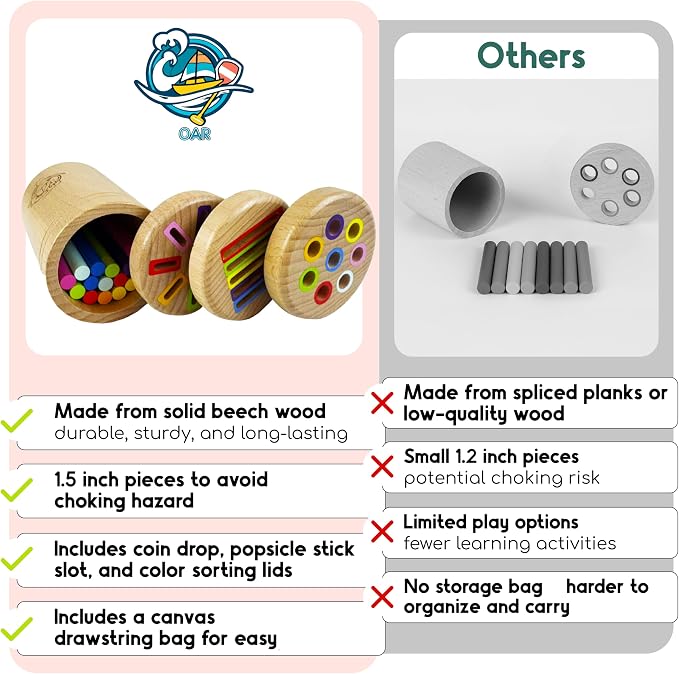 OAR Wooden Montessori Baby Toddler Toys 1-3, 3 in 1 Fine Motor Sensory Toy | Beech Wood Set: Color Sorting, Coin Drop And Cause-And-Effect Play; Builds Fine Motor Skills And Sensory Focus For Toddlers