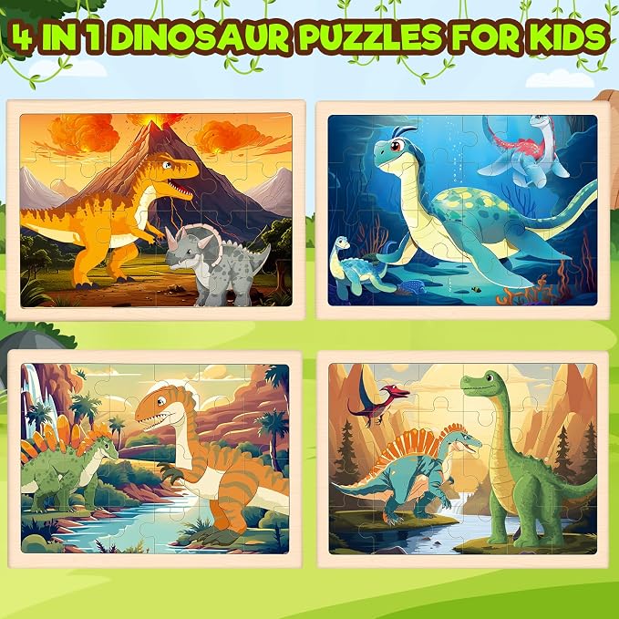 Wooden Puzzles Dinosaur Toys for Kids Ages 3-5, 4 Packs Jigsaw Dino Puzzles for Kids Ages 4-6, Educational Boards Game Gifts for 3 4 5 6 Boys Girls