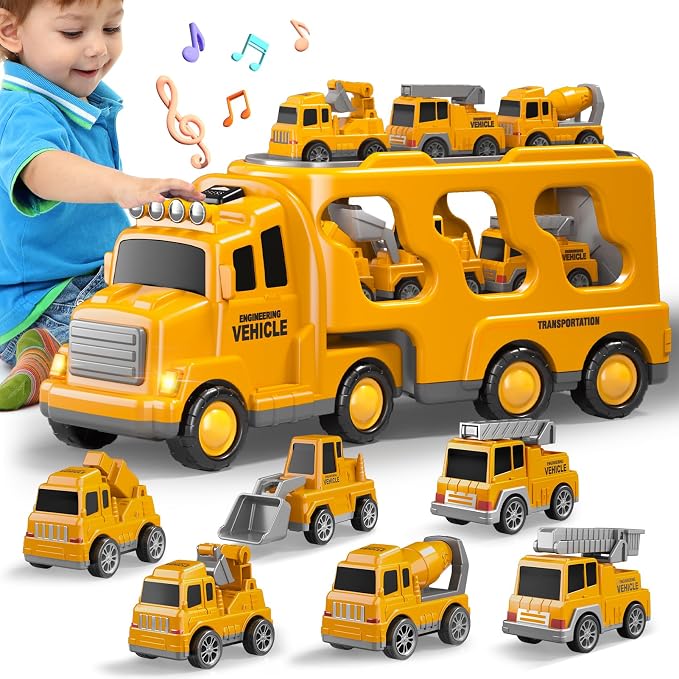 Beby Buty 7 in 1 Construction Trucks Cars for Toddlers 3-5, Boy Toddler Car Truck Toys with Light Sound, Birthday Gifts for 3 4 5 6 Year Old Boy