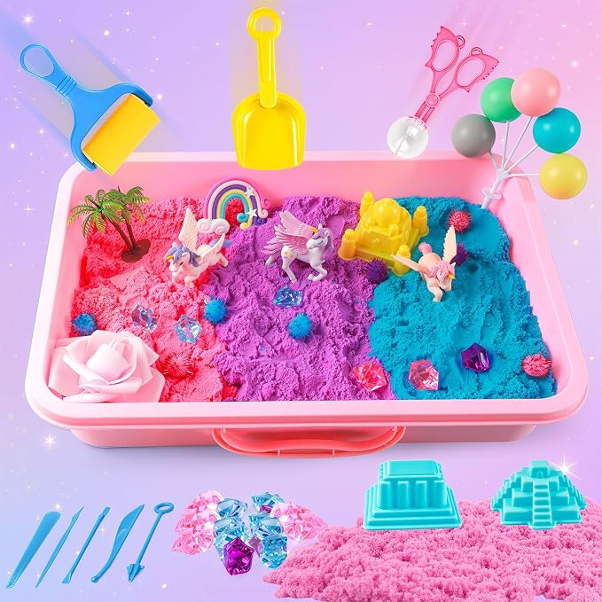Unicorn Sensory Bin for Girl, Magic Sand Art Kit for Boys and Girl with Sandbox, Castle Molds, 2.18lb 3 Color Sand, Best Unicorn Toy Kits Christmas Birthday Gift for Toddler Ages 3+