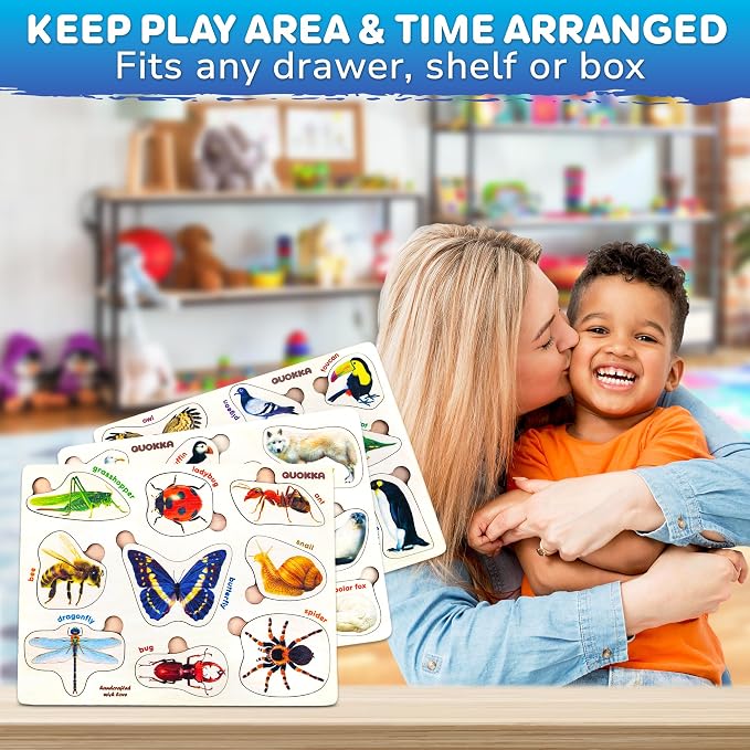 Wooden Puzzles for Toddlers 1-3 - 3 Montessori Kids Puzzles Ages 2-4 | Realistic Wood Puzzle for Toddlers 3-5 Boy and Girl - Learning Insects, Arctic Animals and Birds for Children