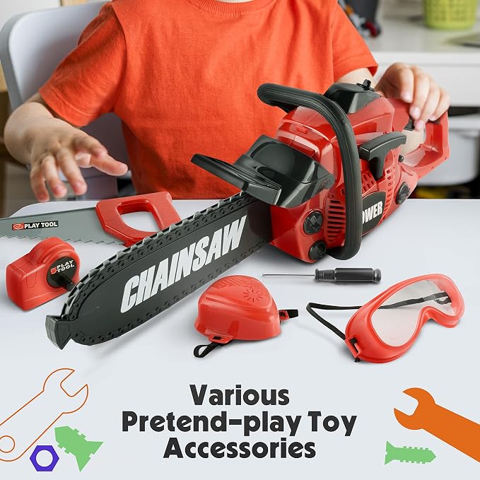 Toy Choi's Toy Chainsaw with Realistic Sound，Kids Gardening Tool Play Set | Rotatable Safe Chain, Sturdy Plastic Kids Chainsaw for Boys Girls Ages 3 4 5 6 7 8 with Toy Tool Set, Yard Pretend Play Gift