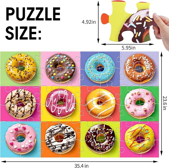 Jumbo Floor Puzzle for Kids,48 Piece Colorful Donut Jigsaw Puzzle Ages 3-8 | Dessert-themed Donut Learning Puzzle,Extra-thick Cardboard,35x24 in Completed,Preschool Gift for Boys and Girls