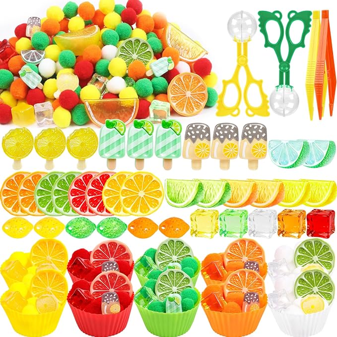 255PCS Lemon Sensory Bin Filler Summer Lemon Fine Motor Sensory Bin Items Includes Pom Poms Lemon Slices Fake Cubes Counts Resin for Spring Summer Counting Sorting Training