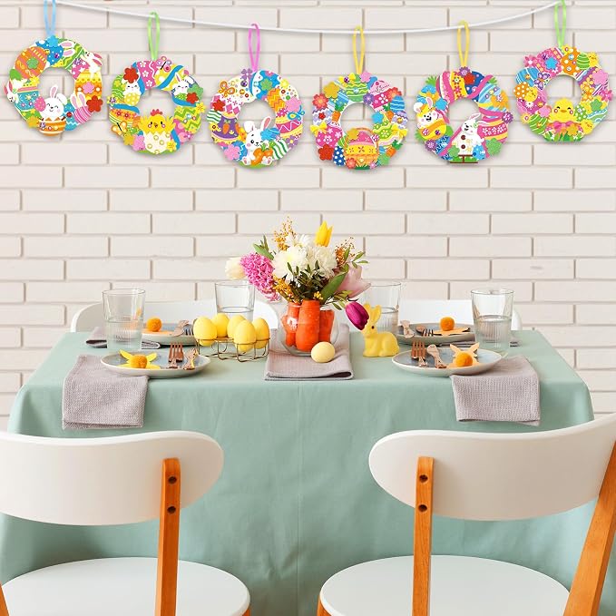 Hollowfly 48 Sets Easter Wreath Craft Kits, 8 Paper Designs with Stickers | Chick, Egg and Floral Themes, 5.9 in Hanging Ornaments, Sticker Crafts for Home Activities and Easter Parties