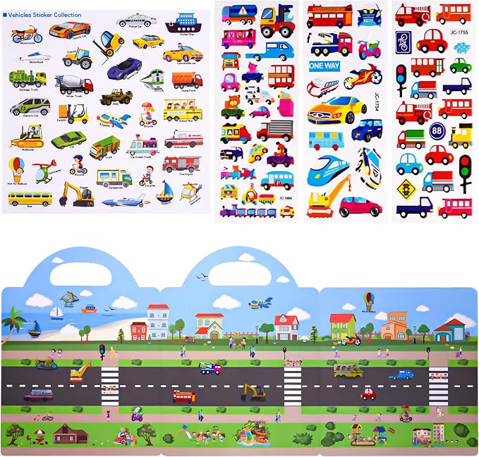 ASTARON 88 Pcs Vehicle Sticker Book for Toddlers, Reusable 3D Sticker Books Road Trip Activities Car Airplane Activities Travel Toys for Kids(2-6 Age) | 88 pcs Reusable Sticker,Waterproof Jelly Stickers, Portable Travel Toys,Educational Sensory Learnin...