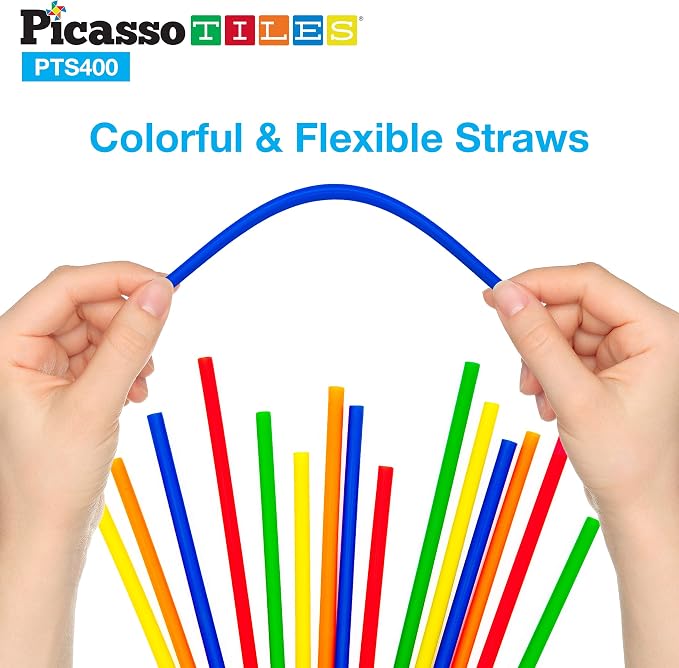 PicassoTiles 400 Piece Straws and Connectors, STEM Construction Set Ages 3+ | Interlocking builder pieces, creative early education kit, hands-on engineering play, screen-free fun for curious young kids