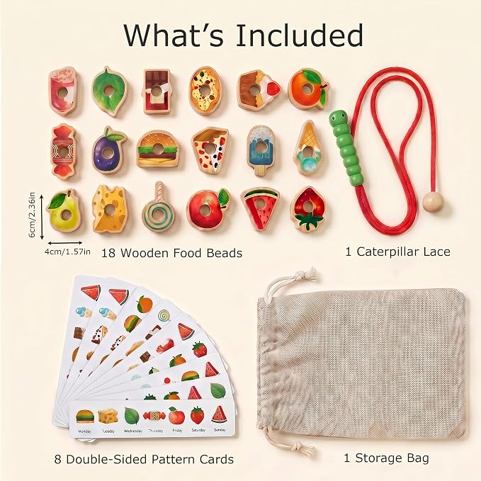 Wooden Caterpillar Lacing Toy, Fine Motor Skills Toy for Toddlers | 18 PCS Fruit Vegetable Food Threading Beads with Pattern Cards, Preschool Learning Gift