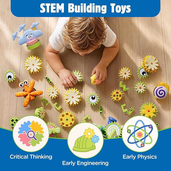 4 in 1 STEM Gear Toys for Kids Ages 3+, Educational Building Blocks, 61Pcs | Flower Construction Kits, Musical Electric Train Sets, Toddler Learning Toys with Light, Boys and Girls Gifts