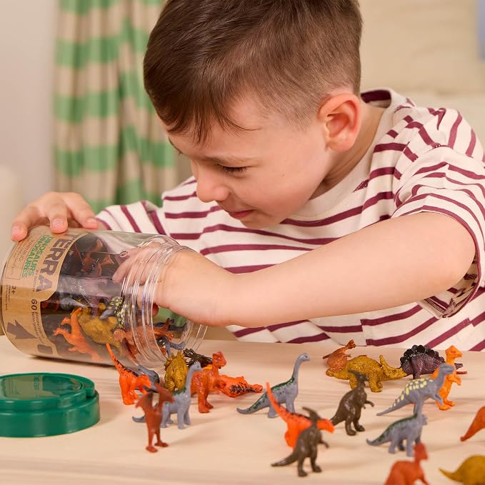 Terra by Battat Dinosaur Figures Tube, 60 Mini Plastic Dino Animals, Tubes | 60-piece mini dinosaur figures in a portable tube with 12 assorted dinosaur styles for play, collecting, crafts, 3+ Years