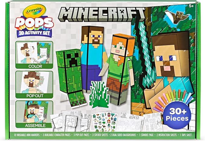 Crayola Minecraft POPs 3D Art Kit, Kids Screen Free Coloring Activity Craft | Minecraft Toys, Kids Coloring Activity Set with Markers & Stickers, Birthday or Holiday Gift for Boys & Girls, Ages 5+