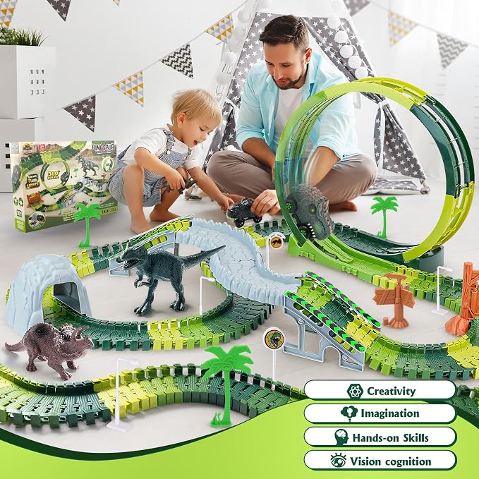 Coroiesty 173 PCS Dinosaur Race Tracks for Kids Toys with 360° Loop Ramp | Glow in The Dark Magic Toy Set, 1 Dino Car Track, 2 Realistic Dinosaurs, Flexible DIY Track Set, Gift for Boys Girls Age 3-9